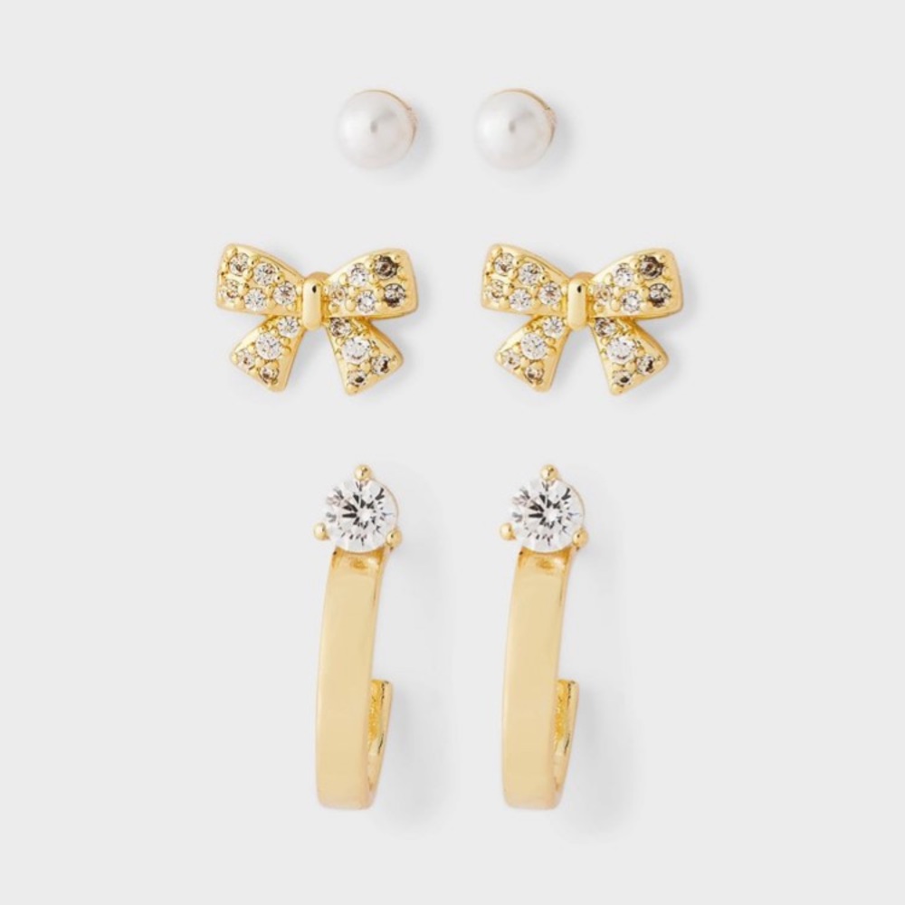 14K Gold Plated & Cubic Zirconia Bow with Hoop Stainless Steel Post Earring Set